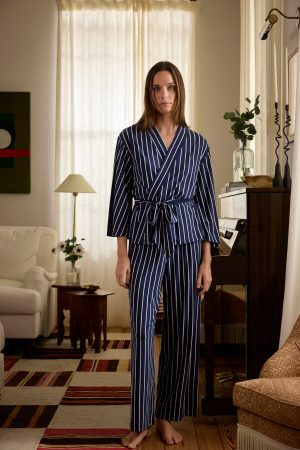 DreamModal Kimono Pajama Set in English Navy Vertical Stripe