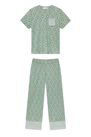 Pima Crew Wide Leg Pajama Set in Granite Green Cottage Floral