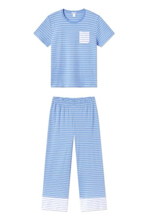 Pima Crew Wide Leg Pajama Set in Mixed Baltic Blue Stripe